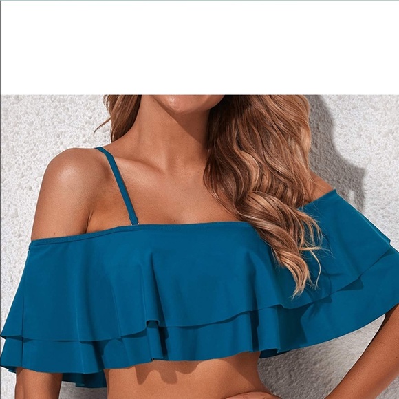 NWT TEMPT ME Teal Turquoise Ruffle Flounce Off Shoulder Swim Bikini Top Size XXL - Picture 1 of 11